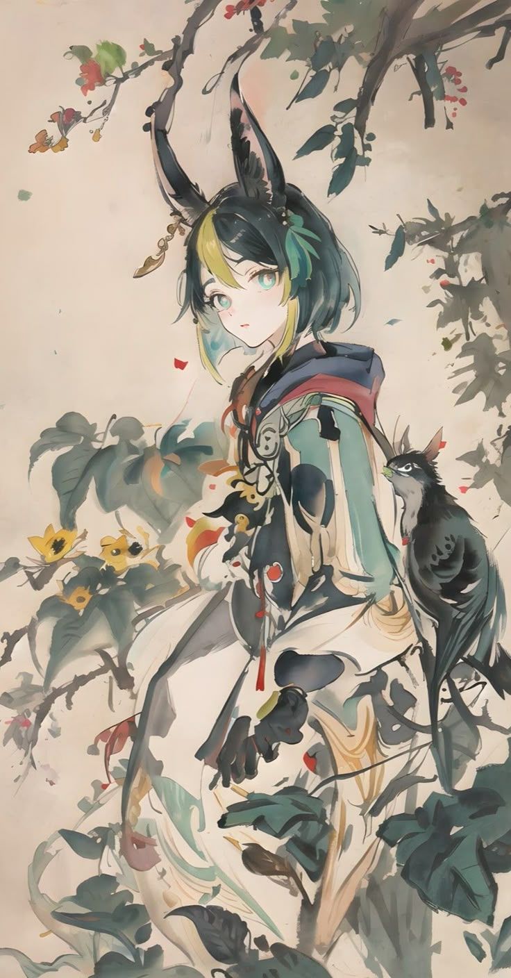 a painting of a woman with horns standing in front of flowers and leaves on the ground