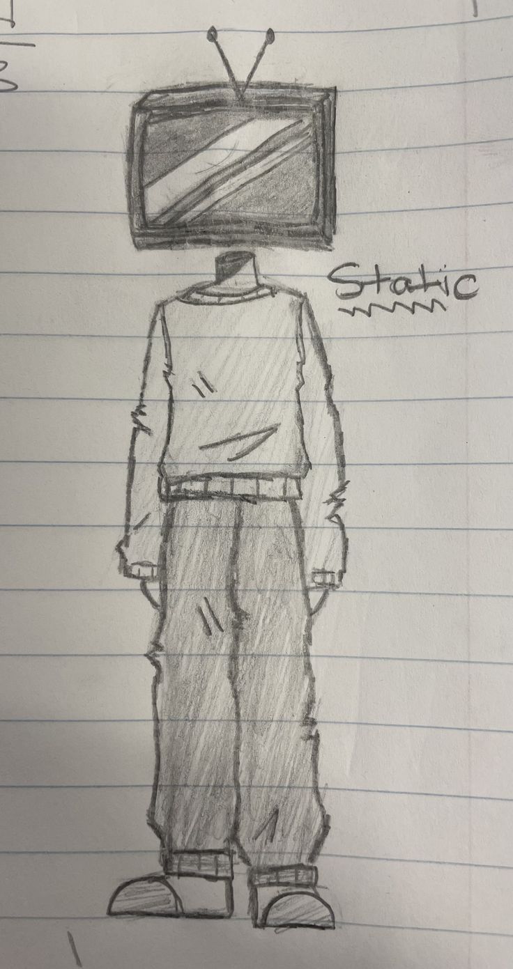 a drawing of a person standing in front of a tv