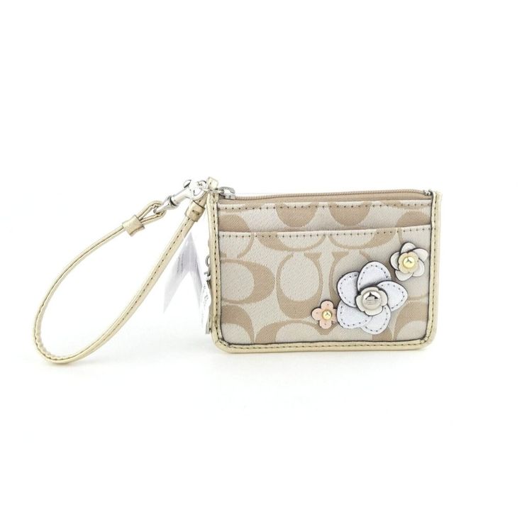 Coach Signature Flower Applique Light Khaki Gold Id Skinny Wristlet Nwt F48761. Please View All Pictures And Zoom In. Item Details: Silver Hardware Zip Closure 1 Id Slot 1 Card Slot 1 Slip Pocket 1 Keychain Pink Lining Sv/Multicolor Style F48761 Approximate Measurements: 4.5"L X 3.25"H. Strap Drop 5"L. Please View Our Other Coach Items For Sale. Questions? Please Contact Us. Thank You For Looking! Keychain Pink, Coach Clutch, Pink Wristlet, Black Satchel, Gold Clutch, Wristlet Purse, Black Clutch, Clutch Pouch, Wristlet Clutch