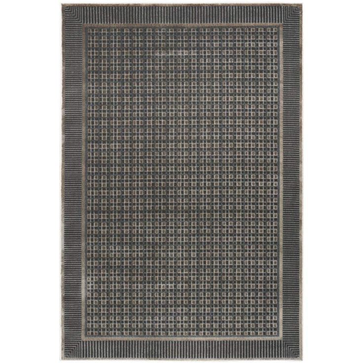 a gray rug with black and white squares on the bottom, in front of a white background