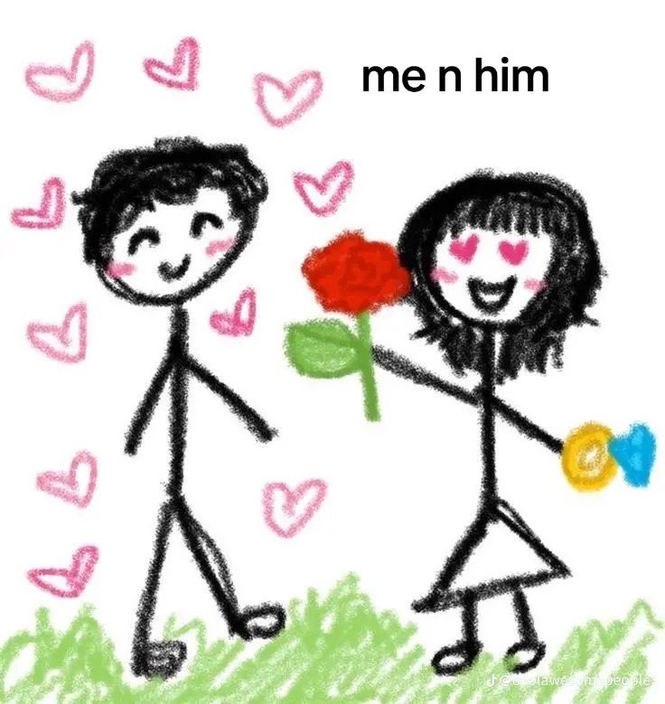 a drawing of two people holding flowers and hearts