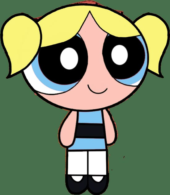 the powerpuff girls cartoon character with big eyes and blonde hair, wearing black and blue