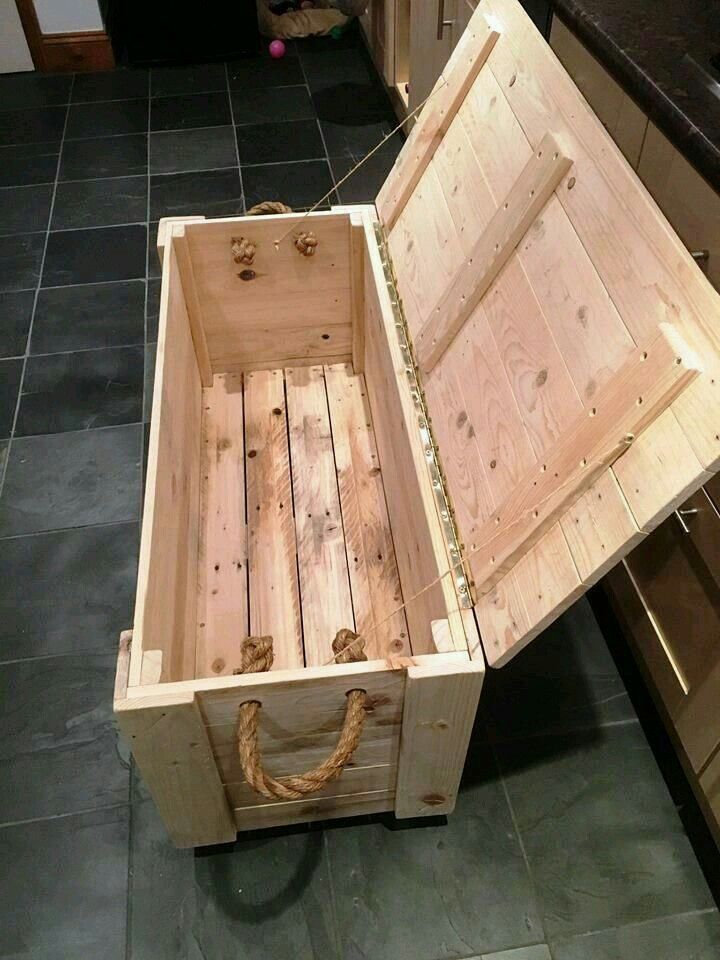 a wooden box sitting on top of a kitchen floor