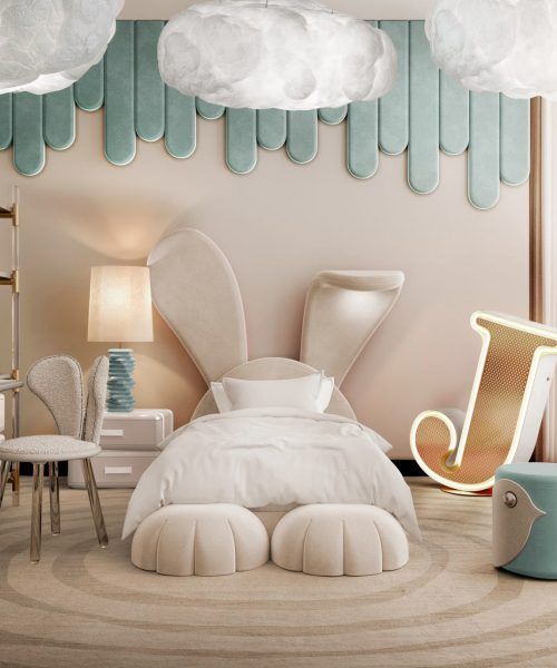 a bed room with a neatly made bed and clouds above it