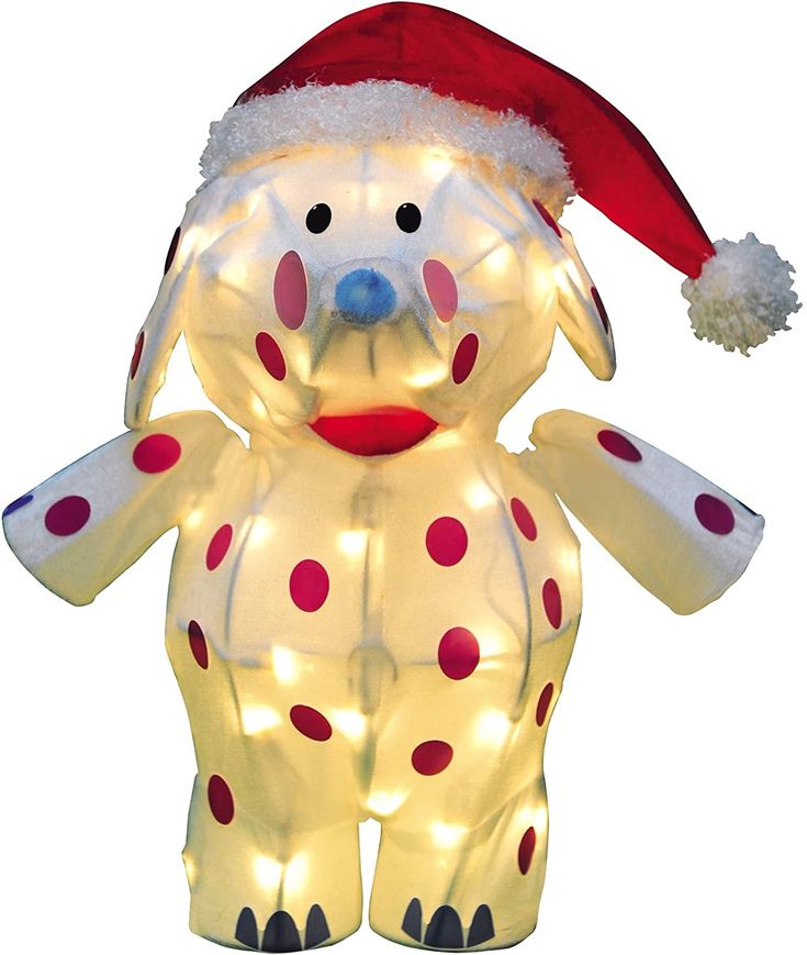 an inflatable animal wearing a santa hat with lights on it's head