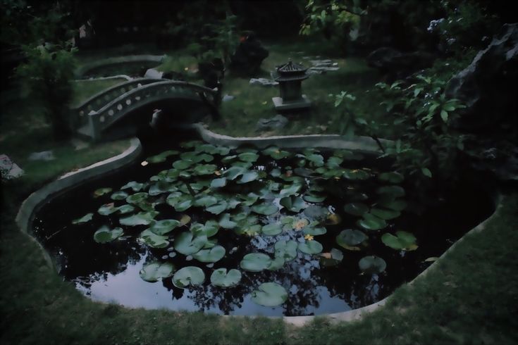 a pond filled with water lilies next to a stone bridge