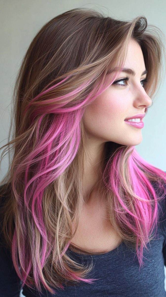 Unusual Hair Colours, Unusual Hairstyles, Pink Peekaboo Highlights, Pink Peekaboo, Pink Hair Streaks, Highlight Ideas, Magenta Hair, Peekaboo Highlights, Pink Blonde Hair