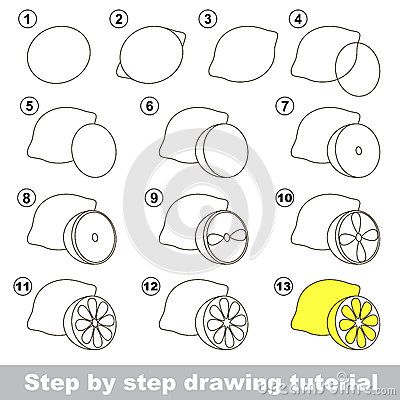 step by step drawing instructions for children to learn how to draw lemons and slices