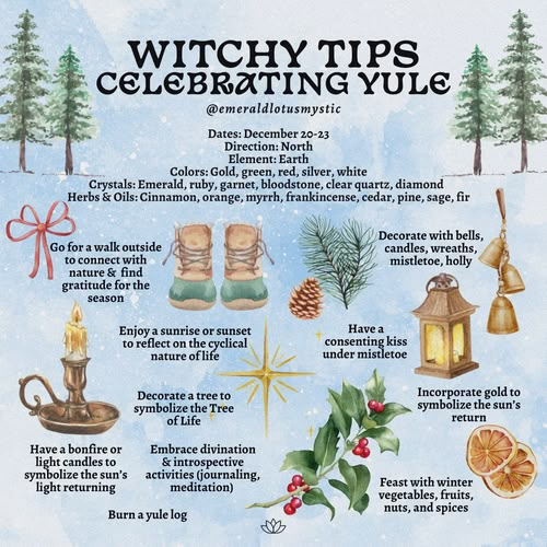 Witch Tips — Emerald Lotus Yule Information, Yule Log Centerpiece Winter Solstice, Yule Wicca Ritual, How To Celebrate The 12 Days Of Yule, Winter Solstice Pagan, New Years Pagan, Yule For Beginners, Yule Symbols Winter Solstice, Winter Solstice Tree Decorations