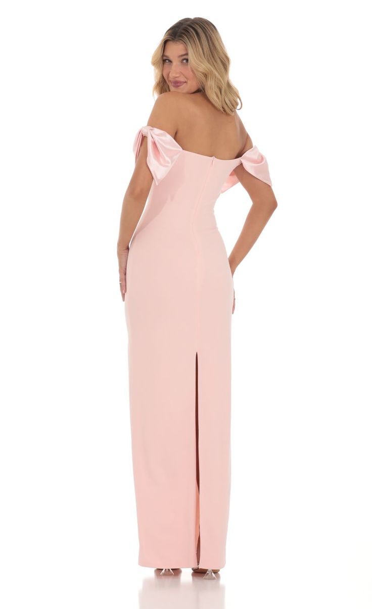 Off Shoulder Bow Sleeve Maxi Dress in Pink Pink Dresses For Birthday, Dresses For Formal Events, Light Pink Bridesmaid Dresses, Pink Bow Dress, Prom Dress Inspo, Pink Long Dress, Pink Silk Dress, Sleek Dress, Blush Pink Dresses