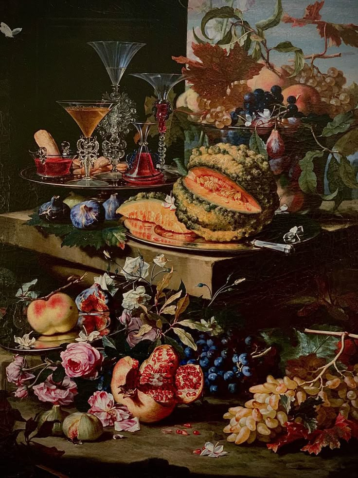 a painting of fruit and flowers on a table