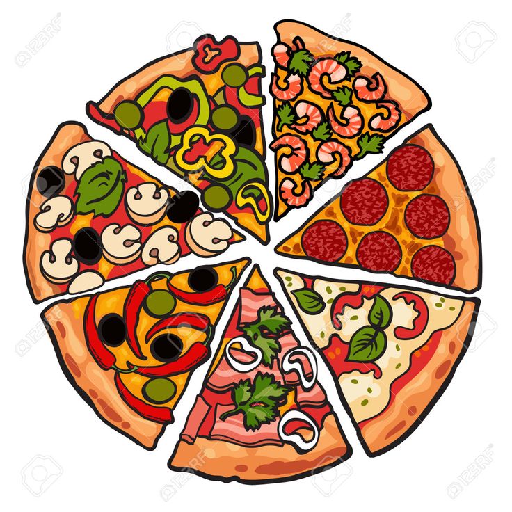 a pizza cut into eight slices with different toppings and toppings on each slice