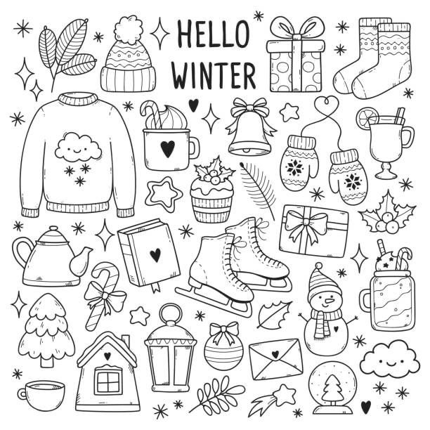 a black and white drawing of winter items in the shape of a circle with words hello winter