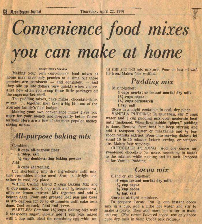 an old newspaper article with the words convenience food mixes you can make at home