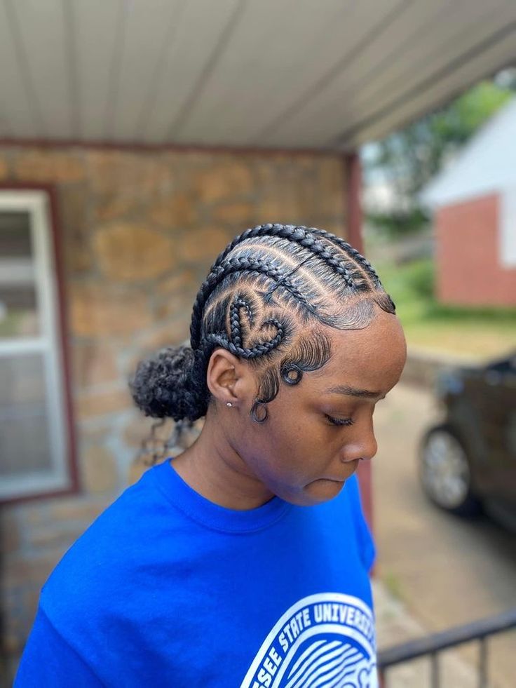 Braid Back Bun Black Women, All Back Conrow With Heart, 5 Stitch Braids In A Bun, Feed In Braids With Bun In Back, Straight Back Cornrows With Bun, Straight Backs Feed Ins Into Two Buns, Cornrow Hairstyles With Designs, Stitch Braids Into Bun With Heart, Feedin Braid Styles For Black Women