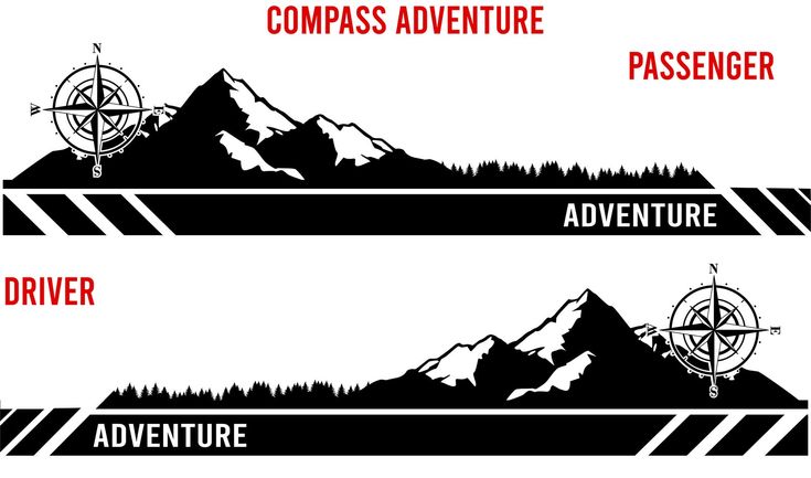 two black and white mountains with compasss on them, the words compass adventure above it