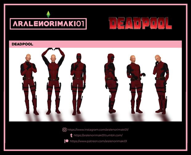 the deadpool character poses are shown in red and black, with their hands on their hips