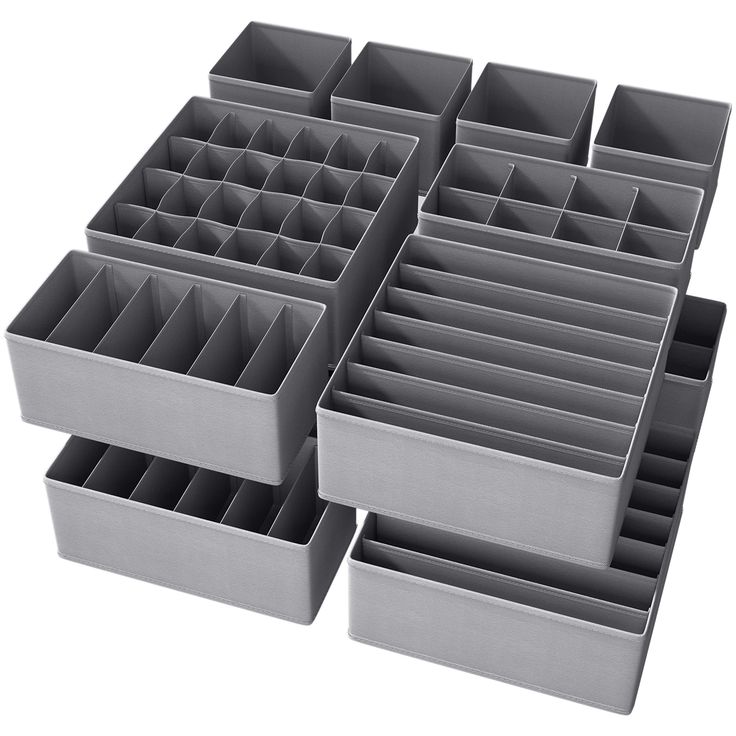 six gray plastic drawers with dividers on each side