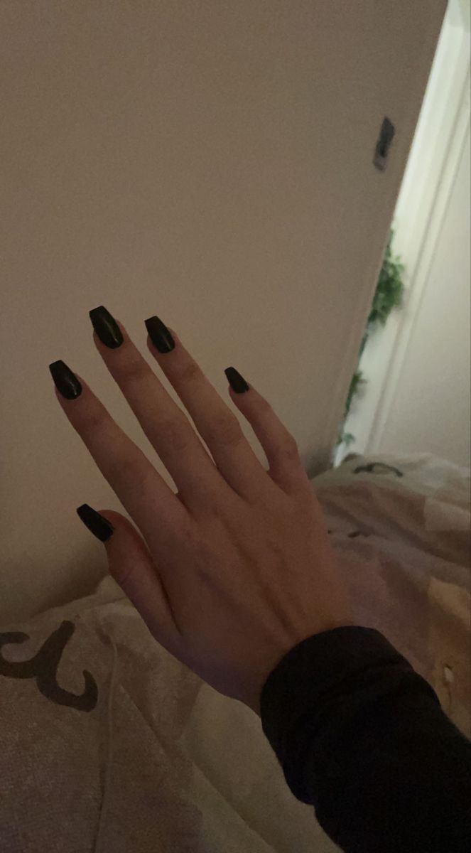 Black Acrylic Powder Nails, All Black Coffin Acrylic Nails, Black Nails Ballerina Shape, Black Medium Coffin Acrylic Nails, Short Black Nails Coffin, Black Coffin Short Nails, Black Short Coffin Nail Ideas, Coffin Shaped Black Nails, Black Coffin Shaped Nails