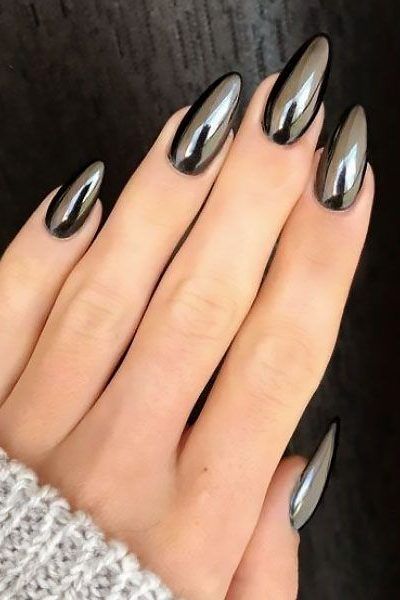 Black Chrome Nails, Chrome Nails Designs, Solid Color Nails, Stiletto Nail Art, Silver Nail, Her Nails, Black Nail Designs, Super Nails, Metallic Nails