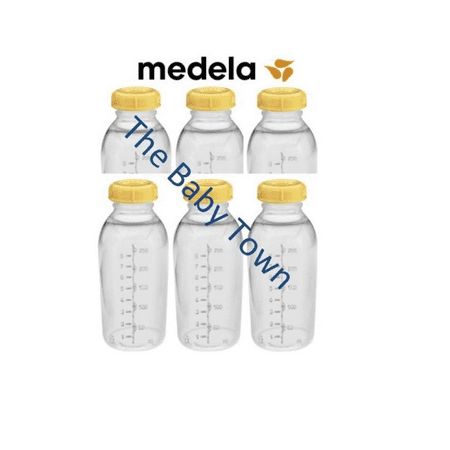 six bottles with yellow lids and the words medela on each one is labeled in blue