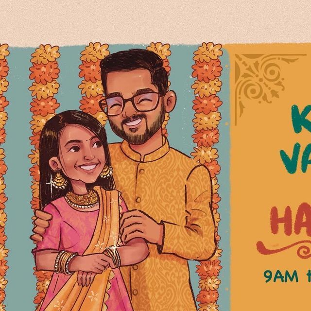 Saara | சாரா on Instagram: "Made this illustrative wedding invitation for a beautiful couple. The groom and bride are from different cultural backgrounds and wanted to illustrate each and every wedding rituals with their cartoon avatars. This is 1/3rd of the invitation  . Ps, Had to delete the previous post:(  . #commissionedwork #weddinginvite #freelanceartist" Wedding Card Couple Illustration, Digital Art Wedding Invitation, Wedding Card Illustration Design, Wedding Invitation Photo Ideas, Wedding Cartoon Illustration, Wedding Caricature Couple, Wedding Couple Art, Wedding Invite Illustration, Couple Wedding Illustration