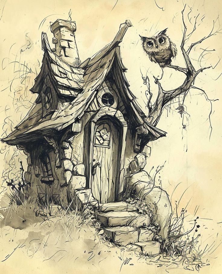 an owl sitting on top of a tree branch next to a small house with a door