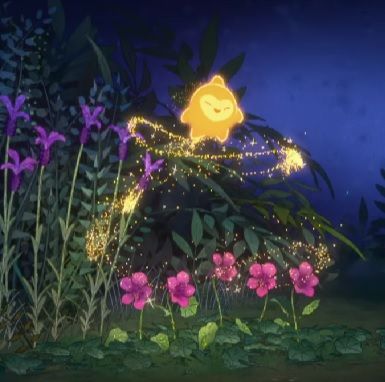 an animated scene with flowers and plants in the foreground, lit up by fairy lights