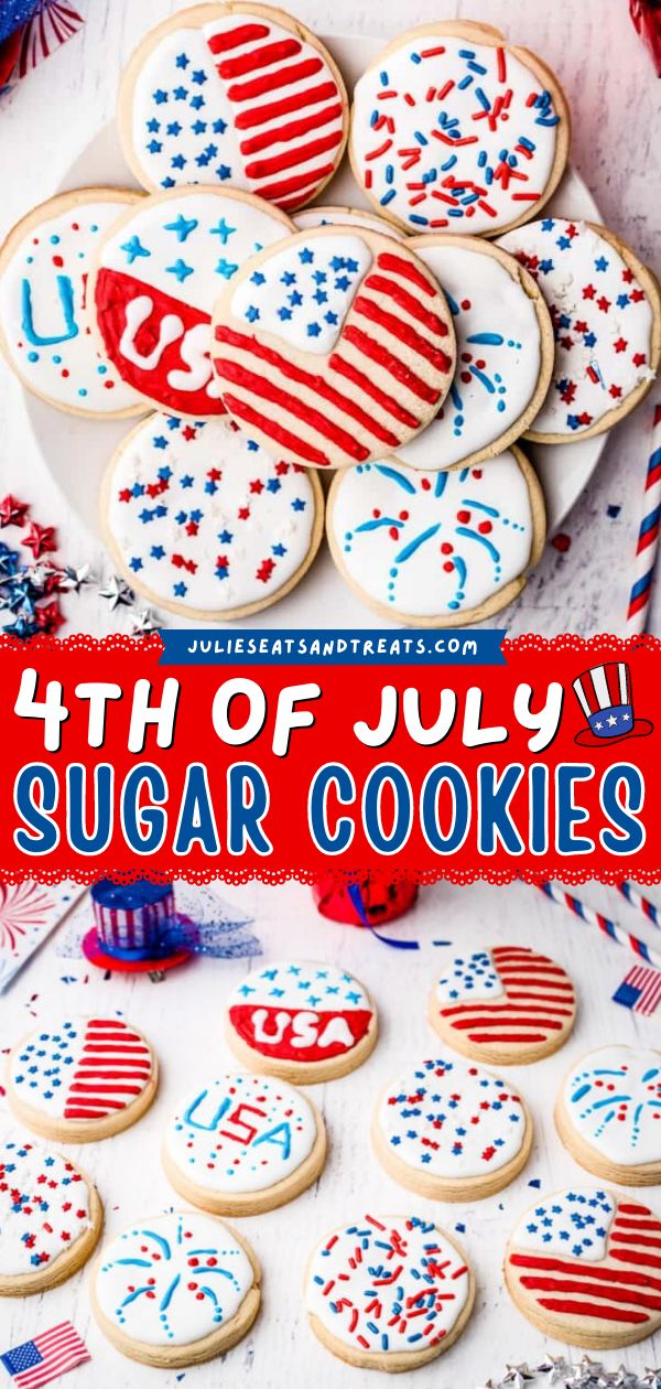 A must-have 4th of July recipe! Your patriotic celebration won't be complete without this 4th of July dessert. Decorated with royal icing and sprinkles, these easy 4th Of July Sugar Cookies are fun, festive, and almost too cute to eat! Thick Sugar Cookies, Patriotic Sugar Cookies, 4th Of July Dessert, Patriotic Cookies, Best Sugar Cookie Recipe, Patriotic Desserts, Sugar Cookie Royal Icing, Sugar Cookie Icing, 4th Of July Desserts