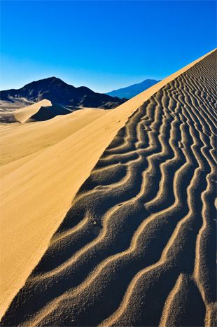 sand dunes in the desert with mountains in the background