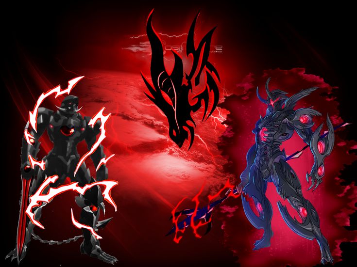 three different types of demonic creatures with red and black colors on their bodies, one is holding