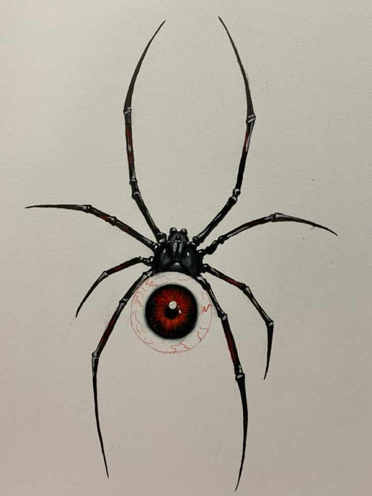 a black and red spider with an evil eye on it's back legs, standing in front of a white wall