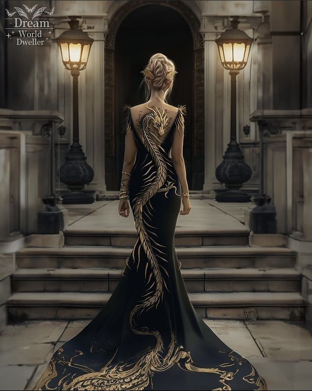 a woman in a black and gold dress is standing on some steps with her back to the camera