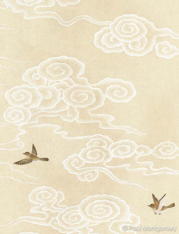 two birds flying in the sky with clouds