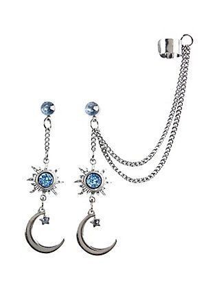 Anting Manik, Earring Cuff, Moon Drop, Edgy Jewelry, Earrings Chain, Blue Charm, Moon And Star Earrings, Blue Dangle Earrings, Magical Jewelry