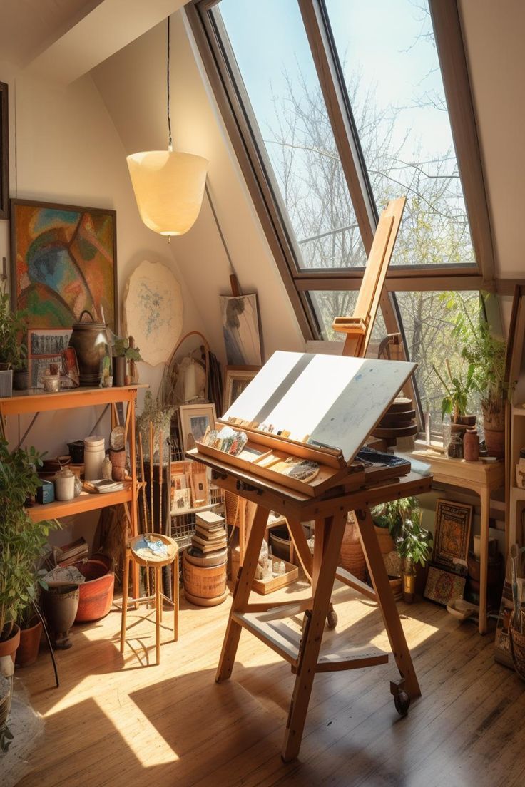 small attic art studio idea for small attics with low ceilings. Small Attic Spaces, Small Attic Room Ideas, Small Attic Room, Attic Room Ideas, Art Studio Space, Interior Design Per La Casa, Art Studio Room, Small Attic, Art Studio At Home