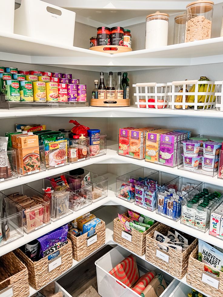 A beautifully organized pantry, including the before photo of a messy pantry. Healthy Organized Pantry, How To Organize Canned Goods In Pantry, Pantry Organization Ideas Clear Bins, Clear Bin Pantry Organization, Elegant Pantry Organization, Food Pantry Shelving Ideas, Pantry Organization Clear Containers, Organized Pantry Aesthetic, Healthy Pantry Organization