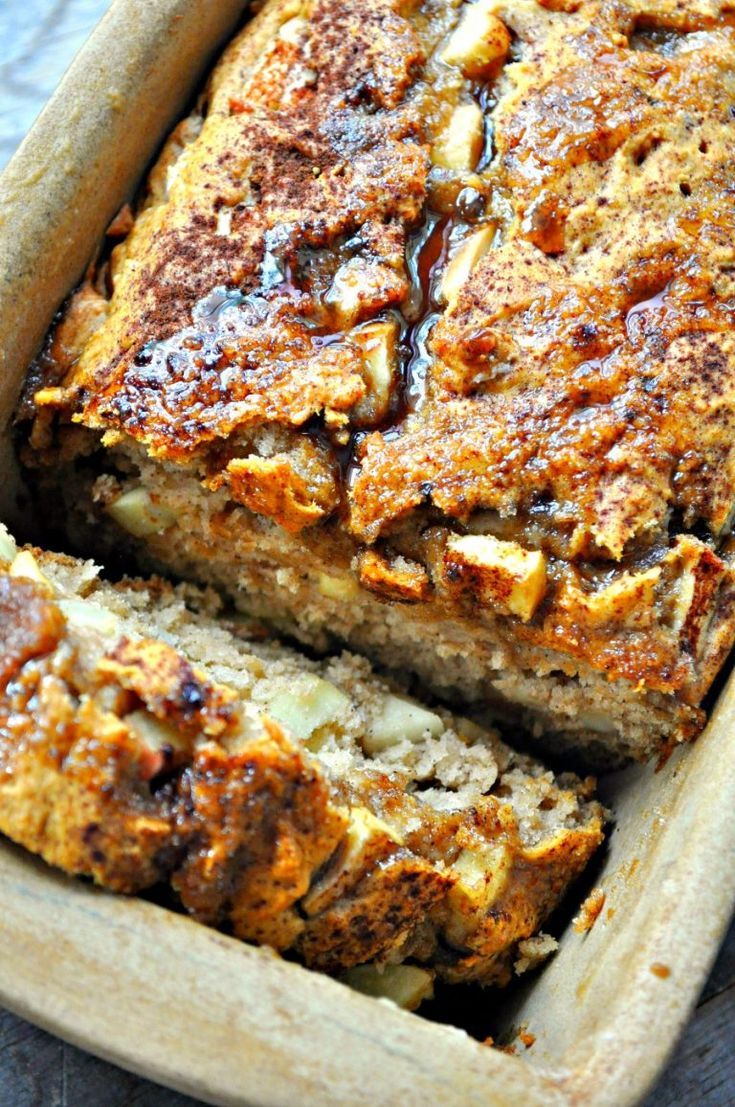 sliced loaf of banana bread in a pan