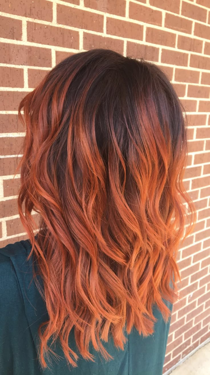 Copper red Balayage Red Hair Color With Shadow Root, Red Head With Shadow Root, Light Brown Balayage With Red Tones, Copper With Dark Roots Hair, Dark Red Hair Color Ombre, Red Hair With A Shadow Root, Colorful Bridal Hair, Light Brown Hair With Red Ombre, Dark Ginger Ombre Hair