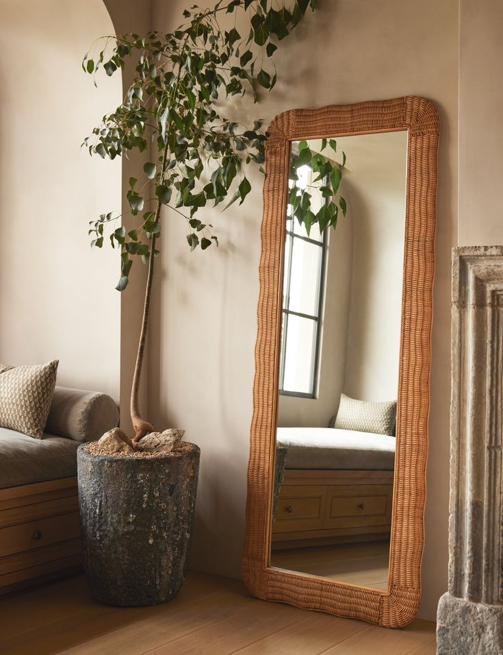 a mirror sitting on top of a wooden floor next to a plant in a pot