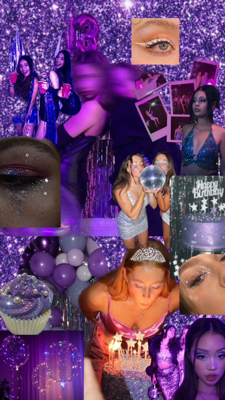 a collage of photos with women in purple and silver outfits, one woman is holding a cake