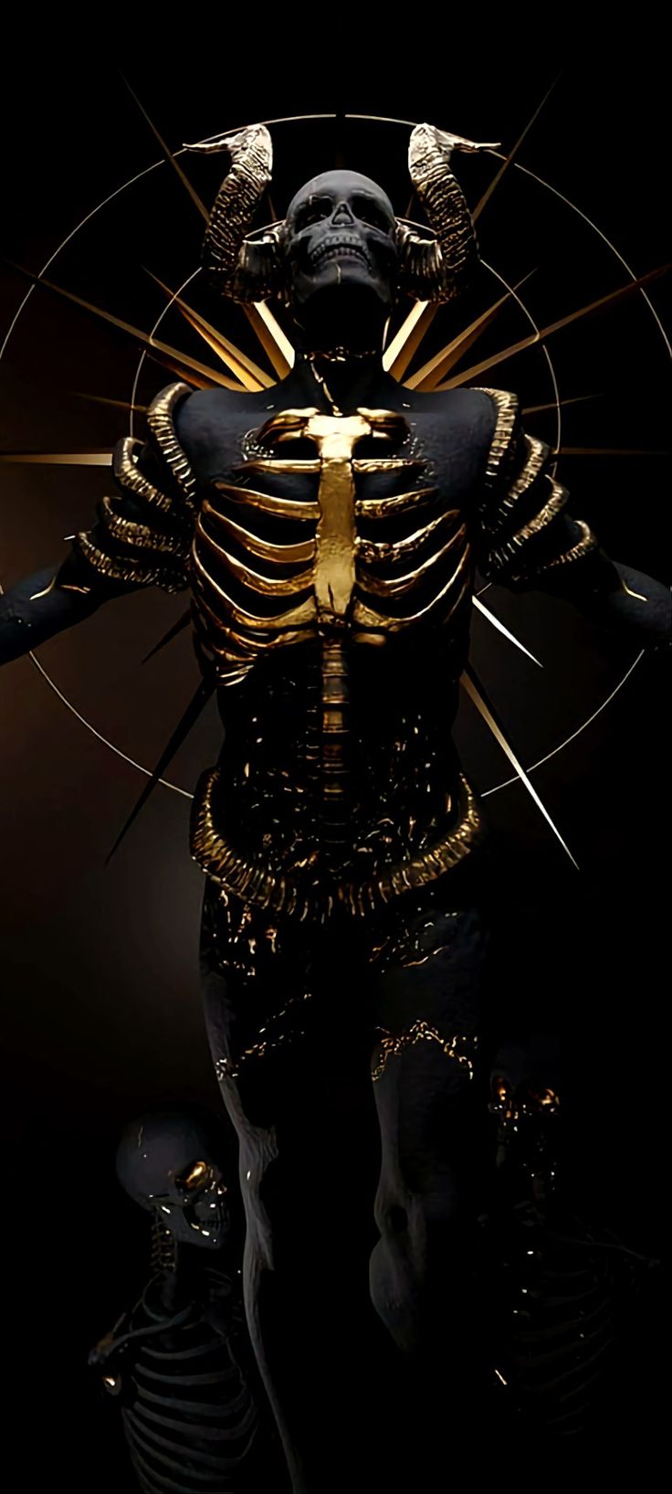 an image of a skeleton in the middle of a body with gold accents on it