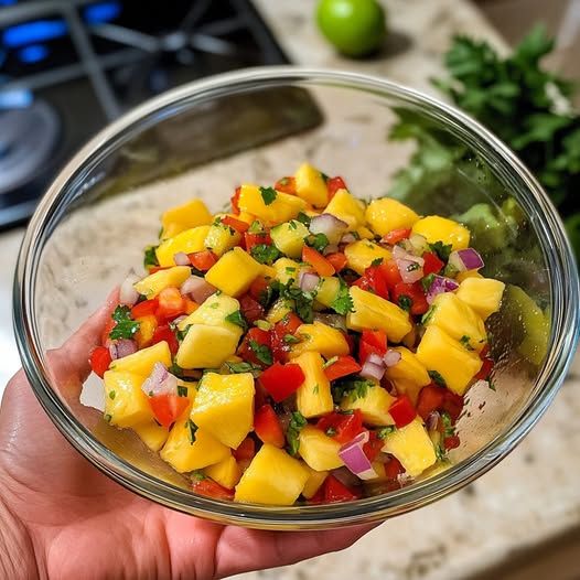 a person holding a glass bowl filled with pineapple and red onion salsa on top of a counter