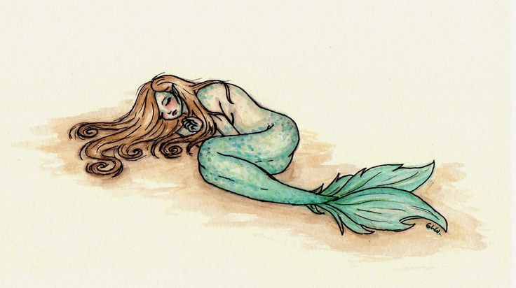 a drawing of a mermaid with long hair laying on the ground next to a fish