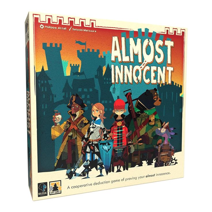 the board game almost innocent is shown in front of an image of several people standing together