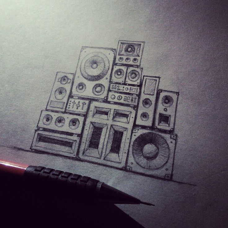 a pencil drawing of an old school stereo system with speakers on it's side