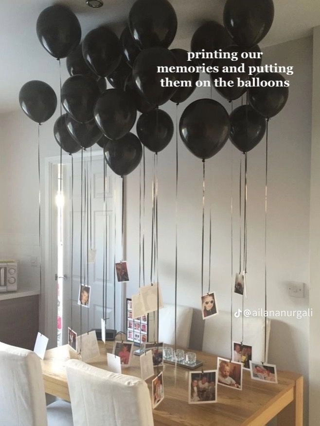 black balloons are hanging from the ceiling above a dining room table with white chairs and pictures on it