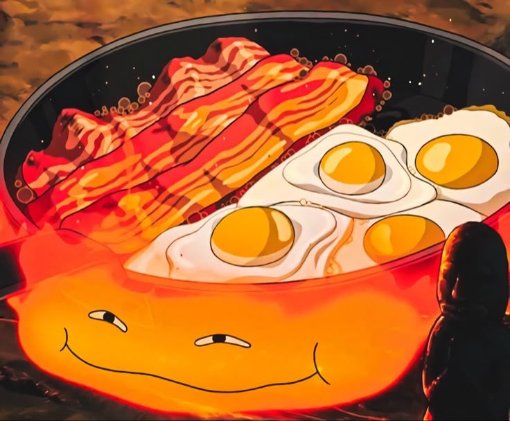 two eggs and bacon are in a frying pan on the stove top, while someone is standing next to it