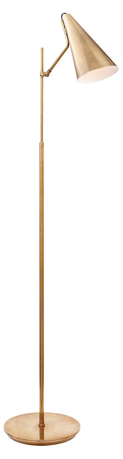 a wooden floor lamp with a white light on the base and a gold metal shade