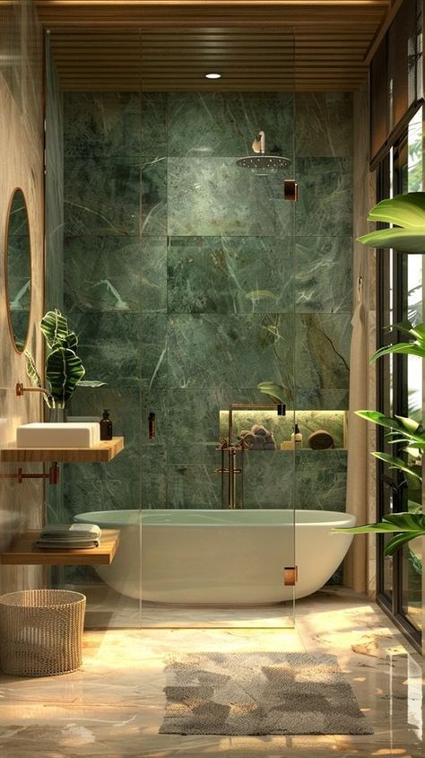 a bathroom with green marble walls and flooring, along with a bathtub in the center